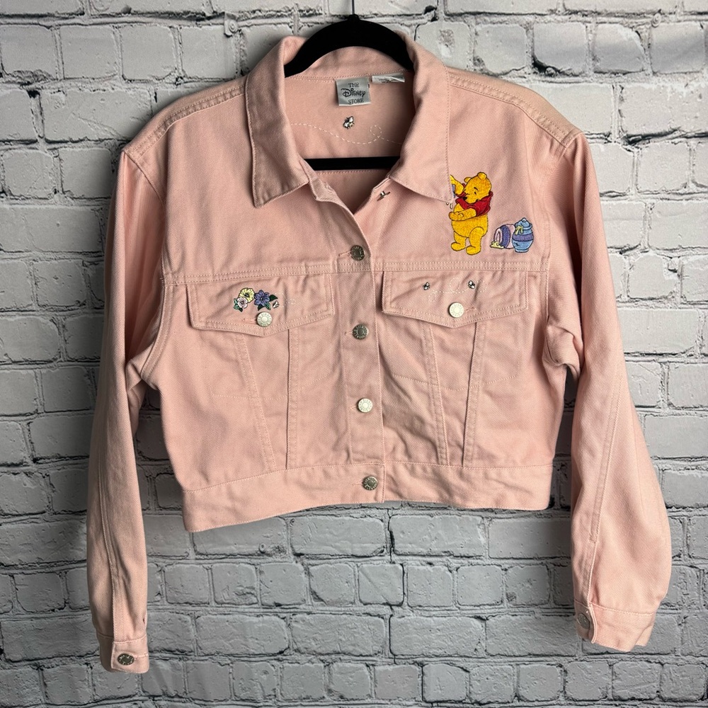 Vintage 90s Disney Winnie the Pooh Pastel Pink Cropped Denim Jacket Size Medium